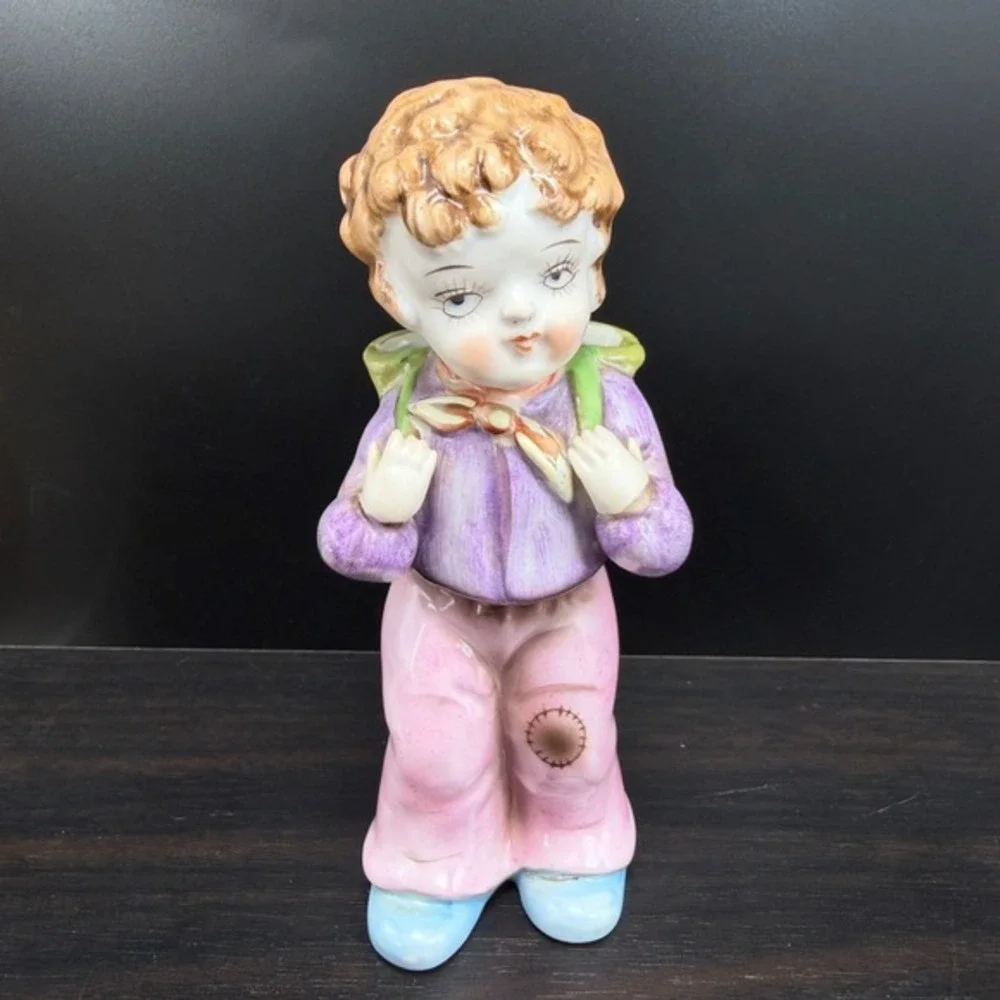 Ardalt Boy Figurine Matchstick Holder Bud Vase‎ Hiker Backpack Porcelain Figure
